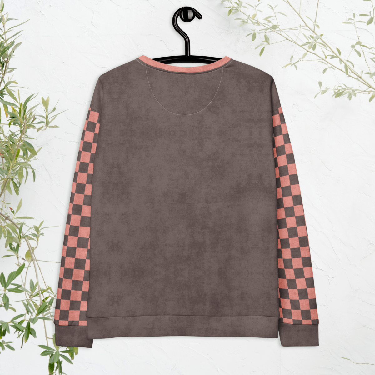 hanging back view of an Espresso sweatshirt with a sunglasses-wearing tabby cat and “I Do What I Want” text; sleeves feature pink-and-espresso checkerboard pattern with pink collar and cuffs.