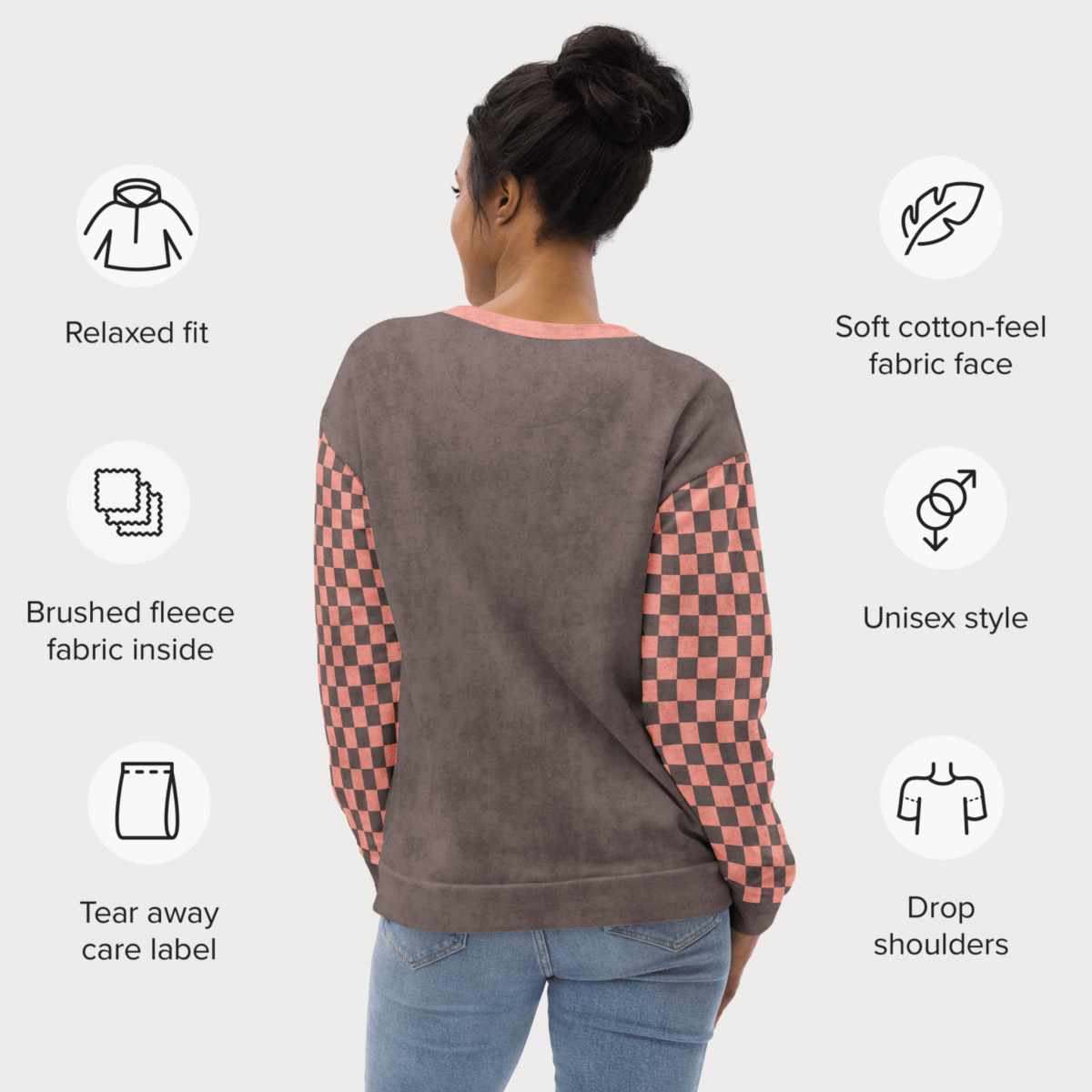 Crewneck Sweatshirt Espresso & Pink Checkered Sleeves 2XS–6XL | Sassy Cat Attitude | “I Do What I Want” Graphic