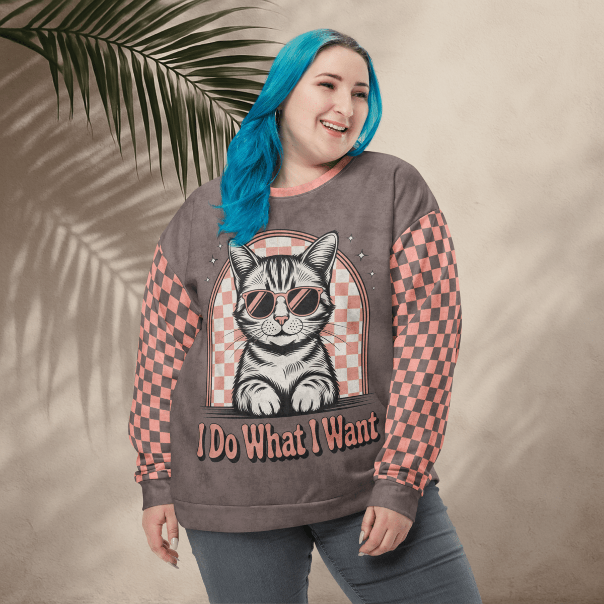 Crewneck Sweatshirt Espresso & Pink Checkered Sleeves 2XS–6XL | Sassy Cat Attitude | “I Do What I Want” Graphic
