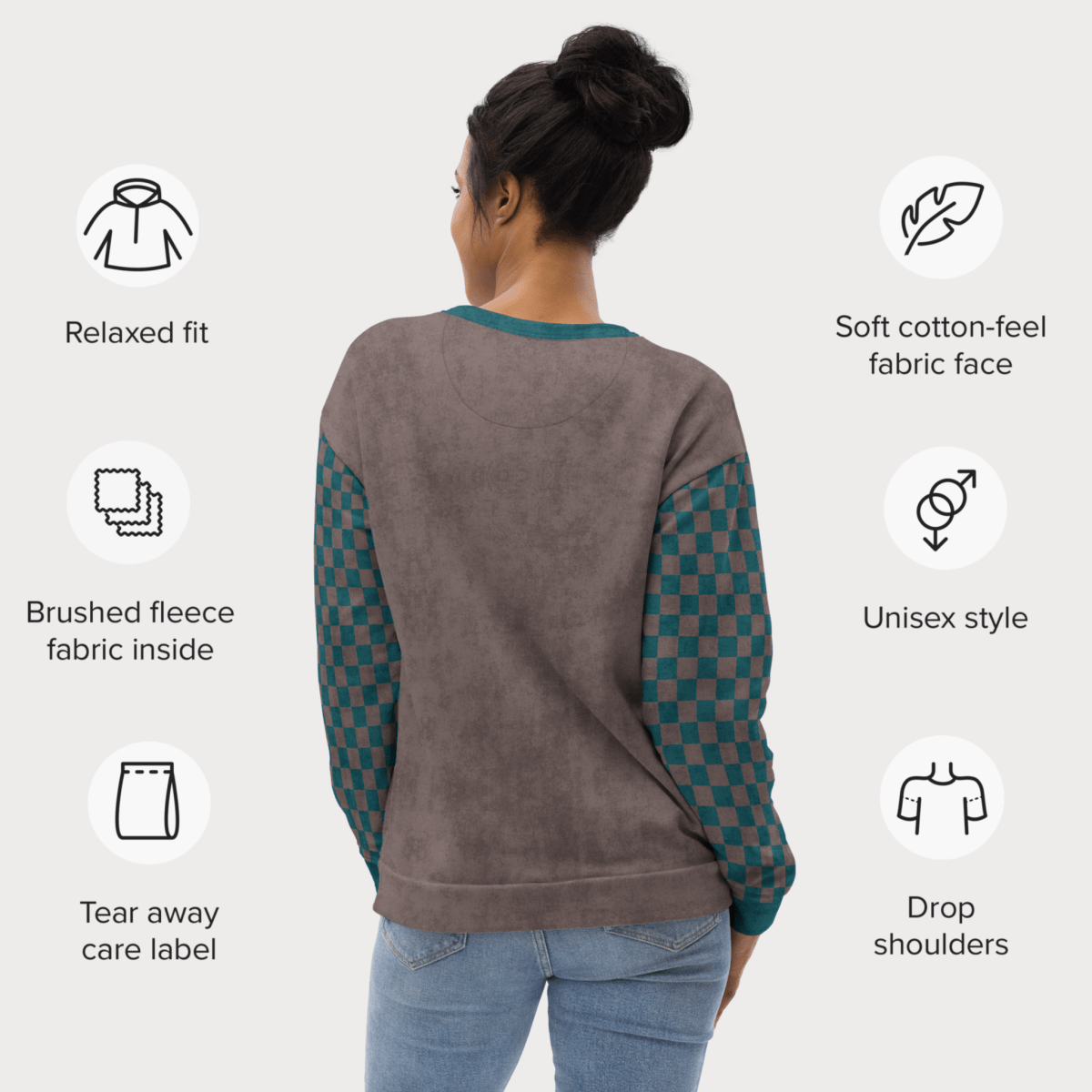Woman wearing an espresso and teal sweatshirt with checkered sleeves, surrounded by icons and text describing features.