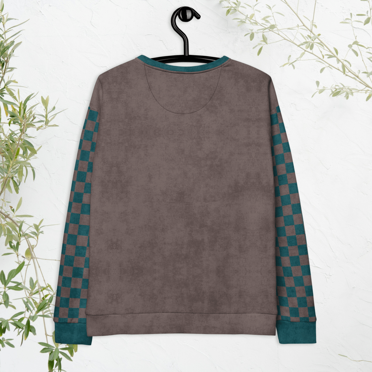 Crewneck Sweatshirt Espresso & Teal Checkered Sleeves 2XS–6XL | Indie Bookish Vibes | “Happiest When Reading” Frog Graphic