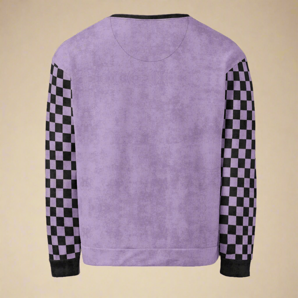 Purple sweatshirt with checkered sleeves on a beige background