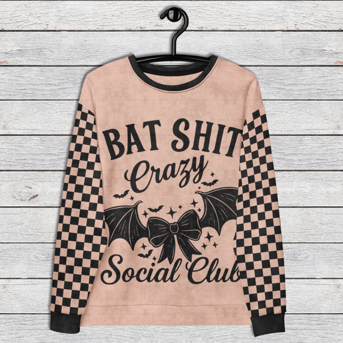 Crewneck Sweatshirt Peach Checkered Sleeves 2XS–6XL | Funny Halloween Bat Graphic | Bat Shit Crazy Social Club