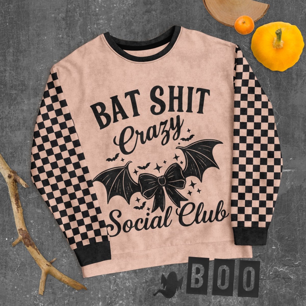 Crewneck Sweatshirt Peach Checkered Sleeves 2XS–6XL | Funny Halloween Bat Graphic | Bat Shit Crazy Social Club
