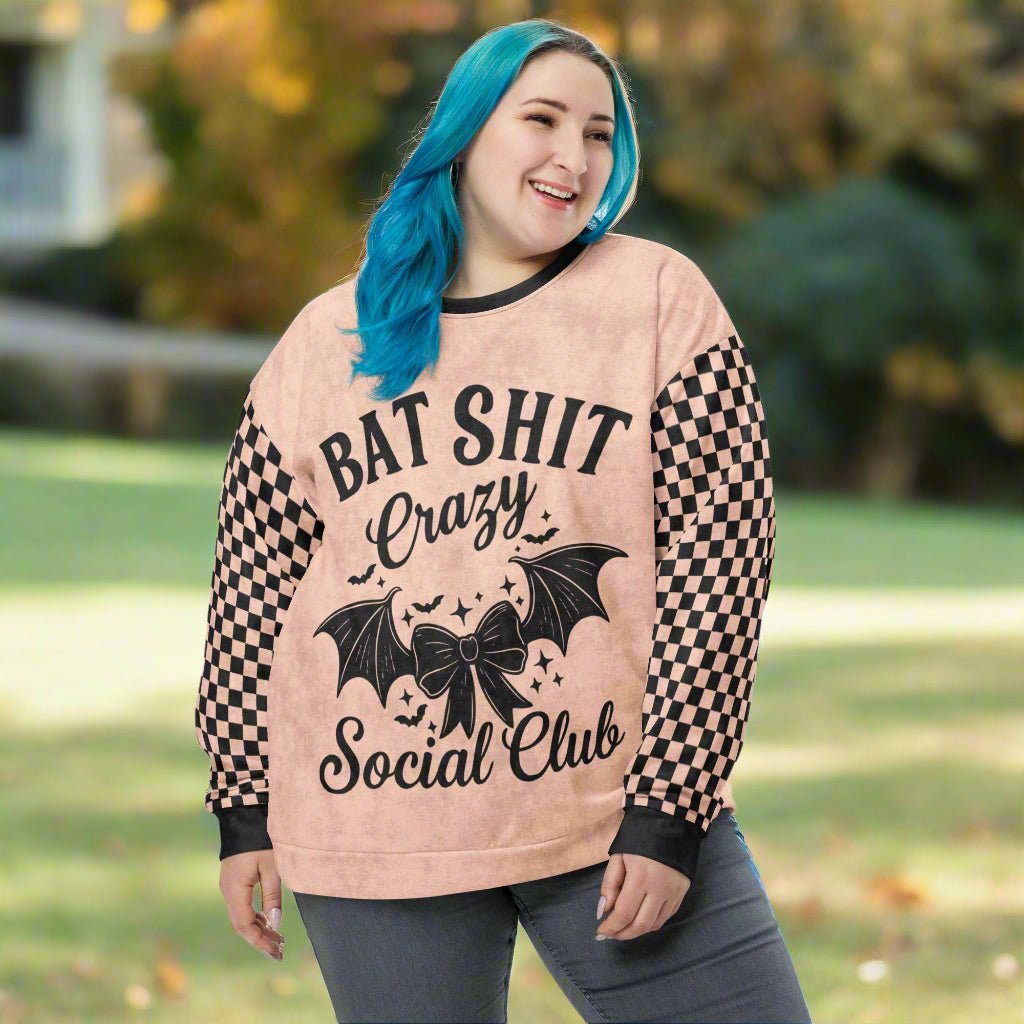 Crewneck Sweatshirt Peach Checkered Sleeves 2XS–6XL | Funny Halloween Bat Graphic | Bat Shit Crazy Social Club