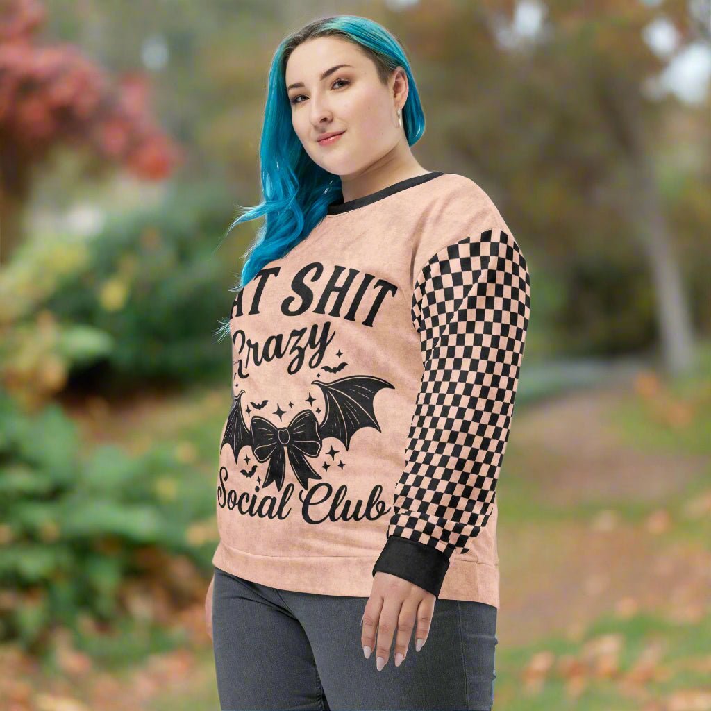 Crewneck Sweatshirt Peach Checkered Sleeves 2XS–6XL | Funny Halloween Bat Graphic | Bat Shit Crazy Social Club
