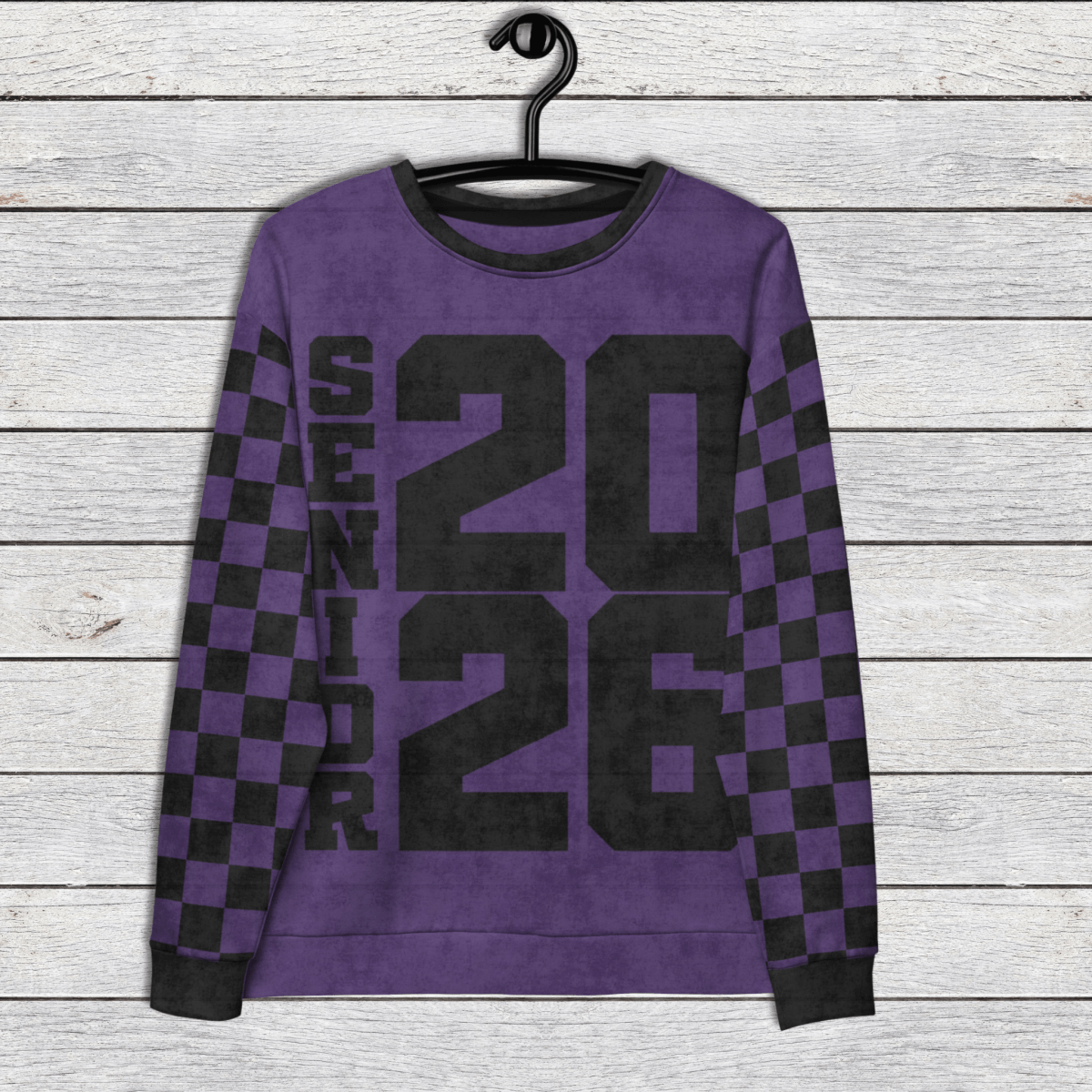 Crewneck Sweatshirt “Senior 2026” | Checkered Sleeve School - Color Varsity Crew 2XS–6XL
