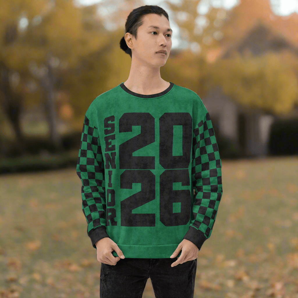 Crewneck Sweatshirt “Senior 2026” | Checkered Sleeve School - Color Varsity Crew 2XS–6XL