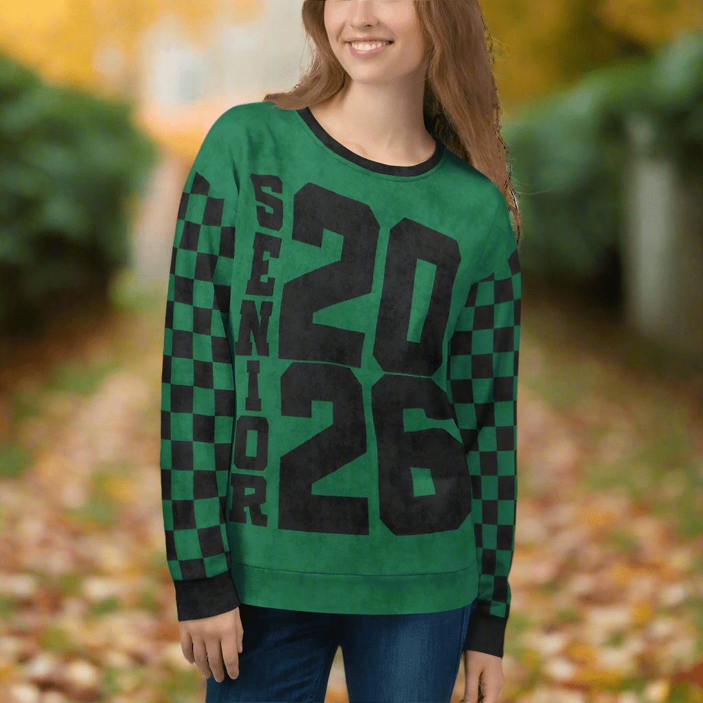 Crewneck Sweatshirt “Senior 2026” | Checkered Sleeve School - Color Varsity Crew 2XS–6XL