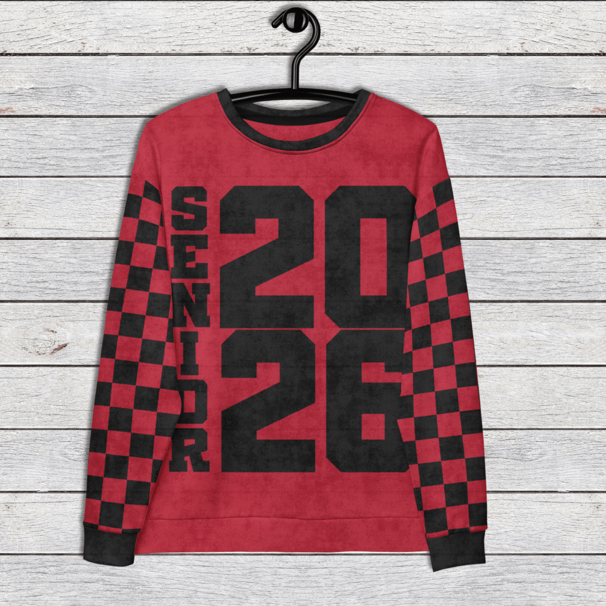 Crewneck Sweatshirt “Senior 2026” | Checkered Sleeve School - Color Varsity Crew 2XS–6XL