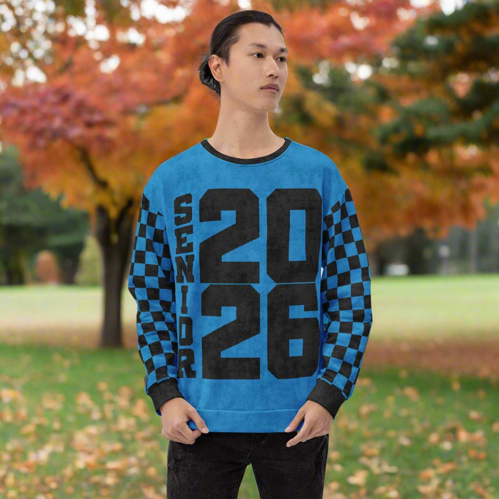 Crewneck Sweatshirt “Senior 2026” | Checkered Sleeve School - Color Varsity Crew 2XS–6XL