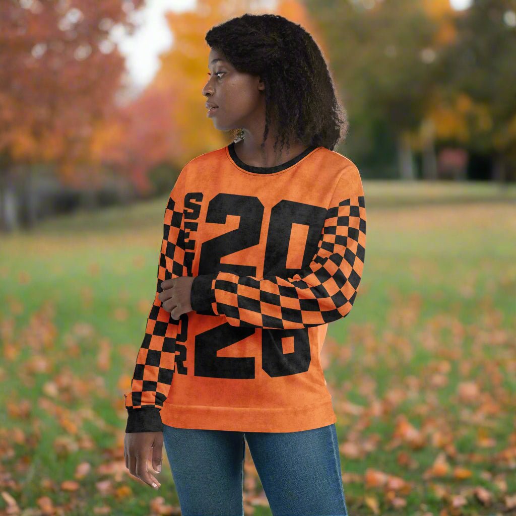 Crewneck Sweatshirt “Senior 2026” | Checkered Sleeve School - Color Varsity Crew 2XS–6XL