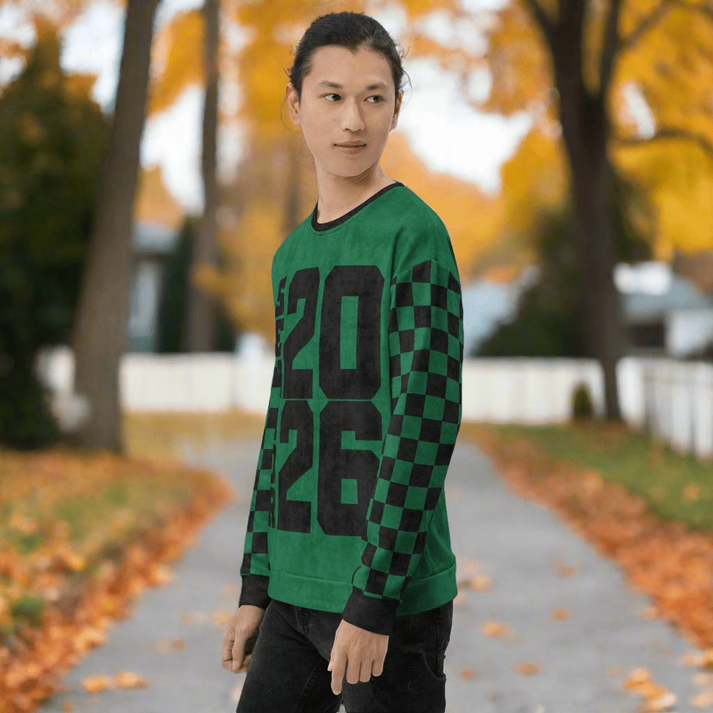 Crewneck Sweatshirt “Senior 2026” | Checkered Sleeve School - Color Varsity Crew 2XS–6XL
