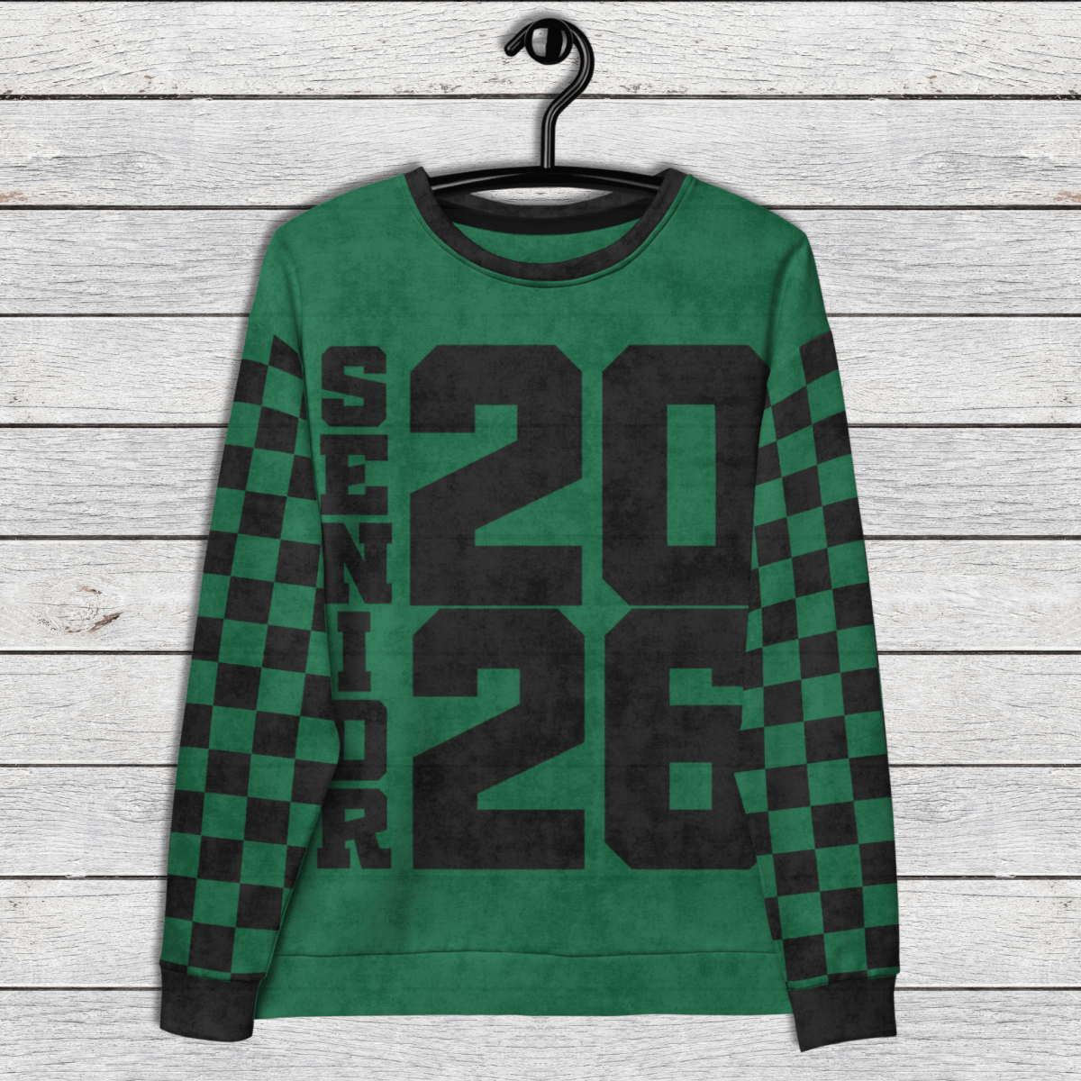 Crewneck Sweatshirt “Senior 2026” | Checkered Sleeve School - Color Varsity Crew 2XS–6XL