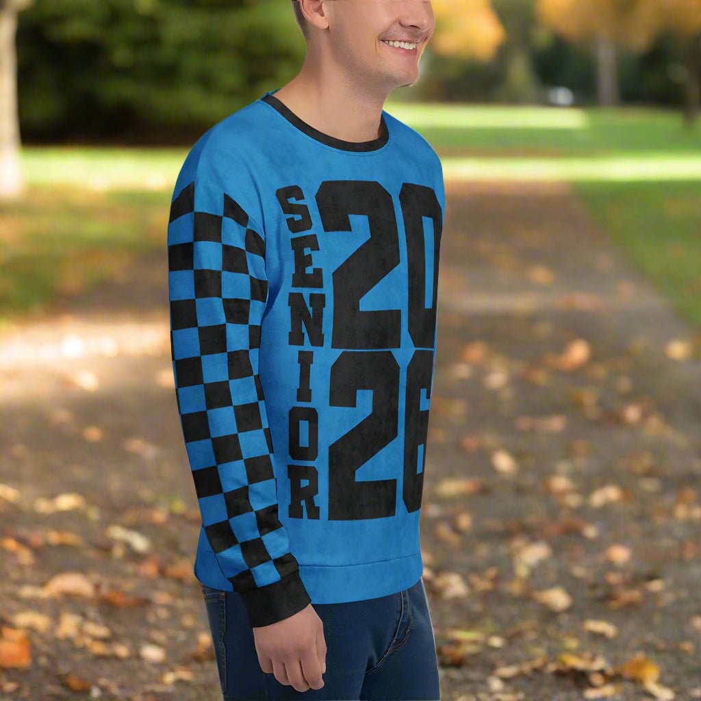 Crewneck Sweatshirt “Senior 2026” | Checkered Sleeve School - Color Varsity Crew 2XS–6XL