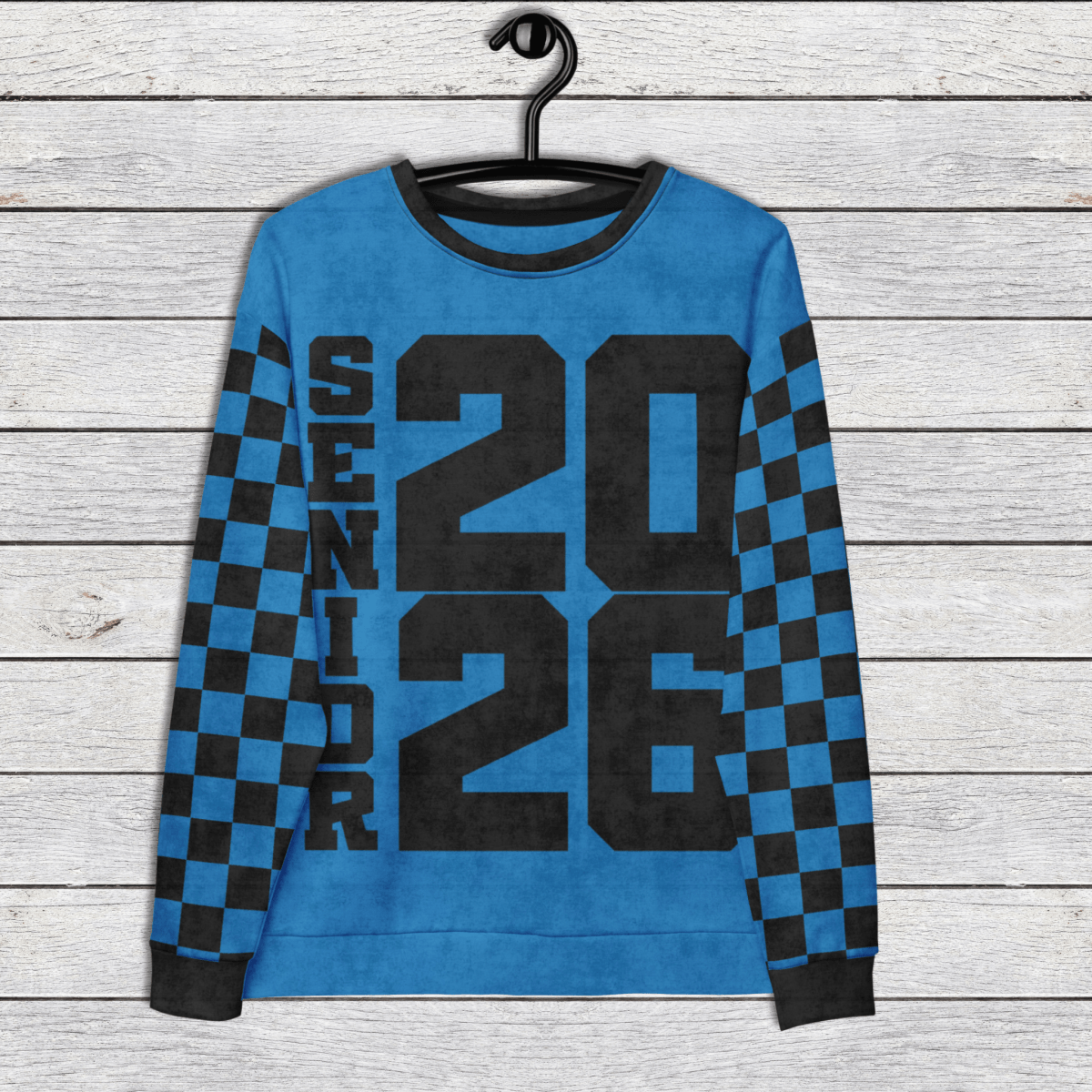 Crewneck Sweatshirt “Senior 2026” | Checkered Sleeve School - Color Varsity Crew 2XS–6XL