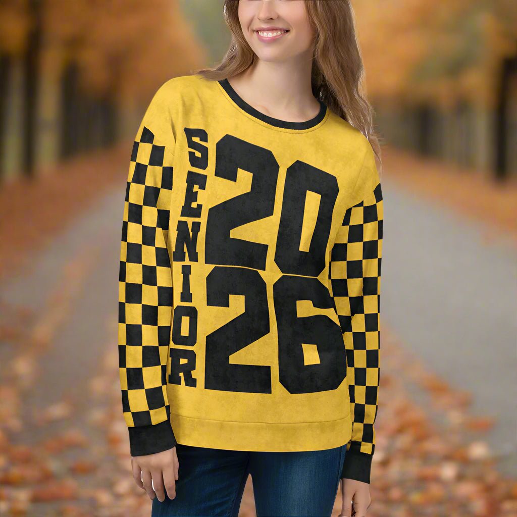 Crewneck Sweatshirt “Senior 2026” | Checkered Sleeve School - Color Varsity Crew 2XS–6XL