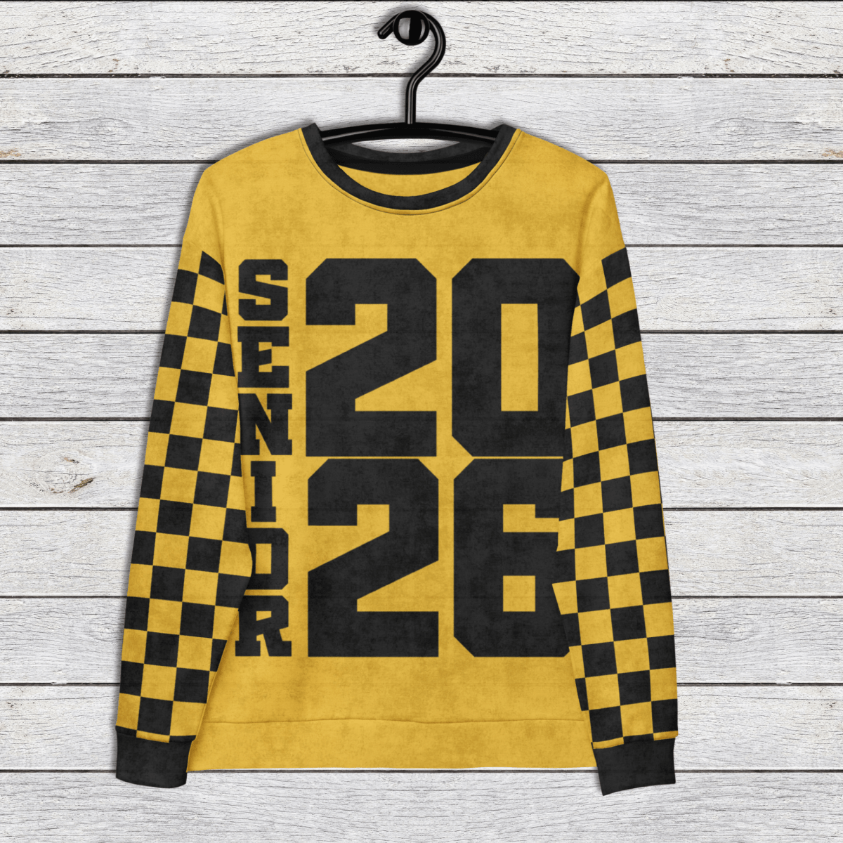 Crewneck Sweatshirt “Senior 2026” | Checkered Sleeve School - Color Varsity Crew 2XS–6XL