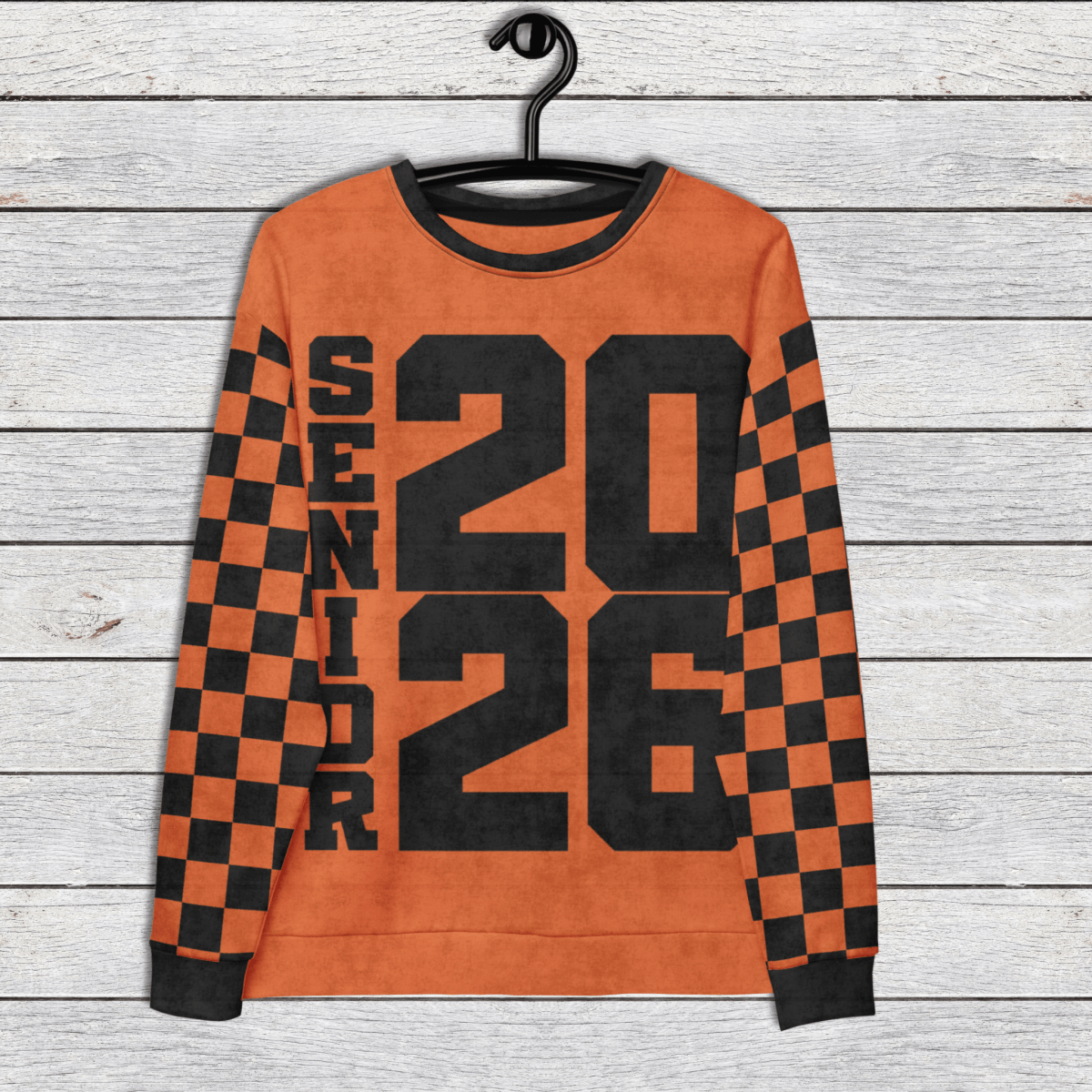 Crewneck Sweatshirt “Senior 2026” | Checkered Sleeve School - Color Varsity Crew 2XS–6XL