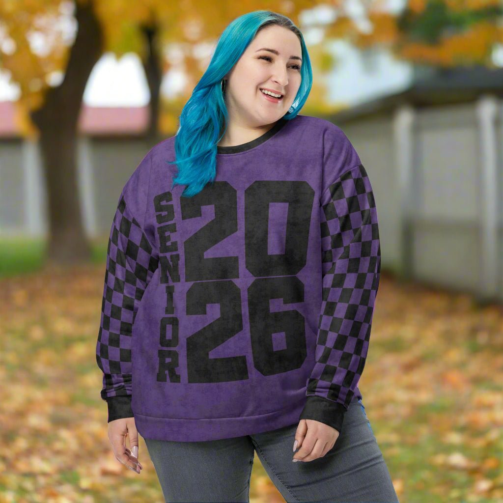 Crewneck Sweatshirt “Senior 2026” | Checkered Sleeve School - Color Varsity Crew 2XS–6XL