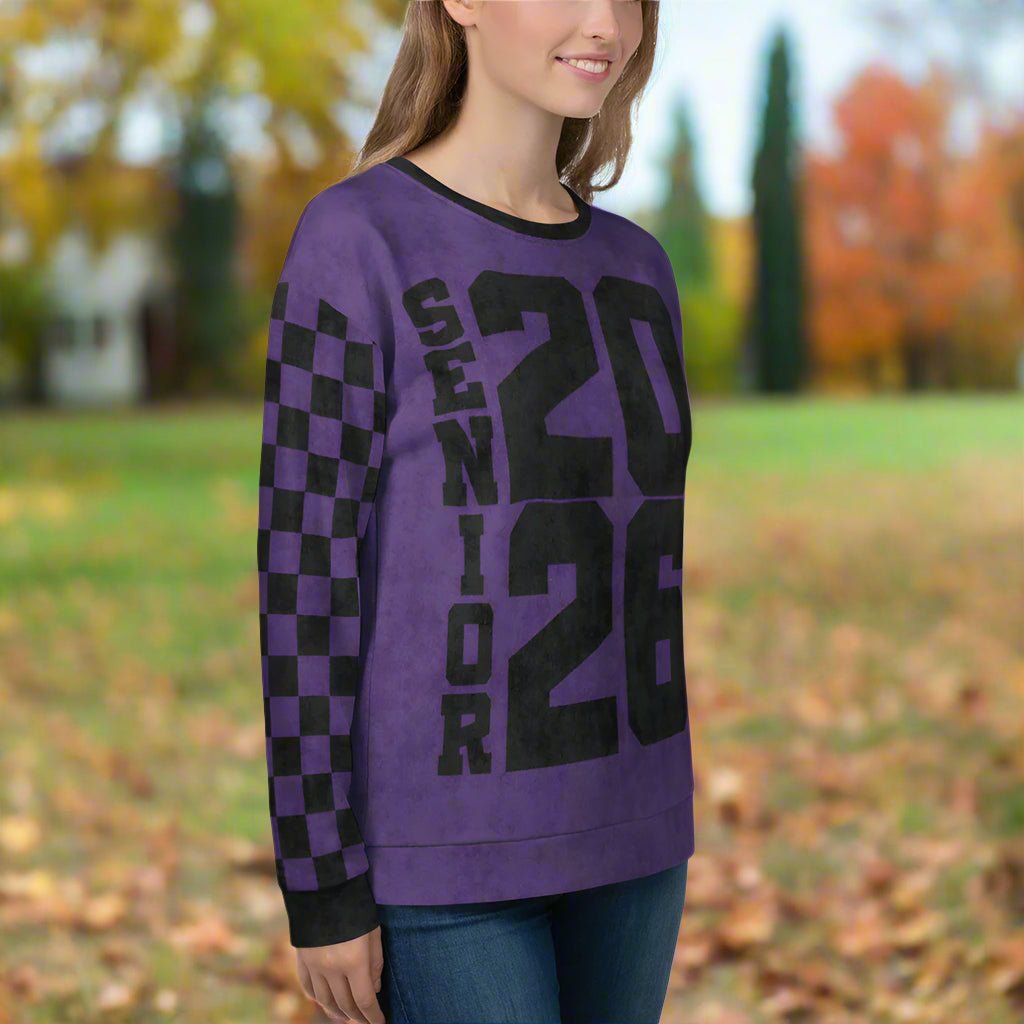 Crewneck Sweatshirt “Senior 2026” | Checkered Sleeve School - Color Varsity Crew 2XS–6XL