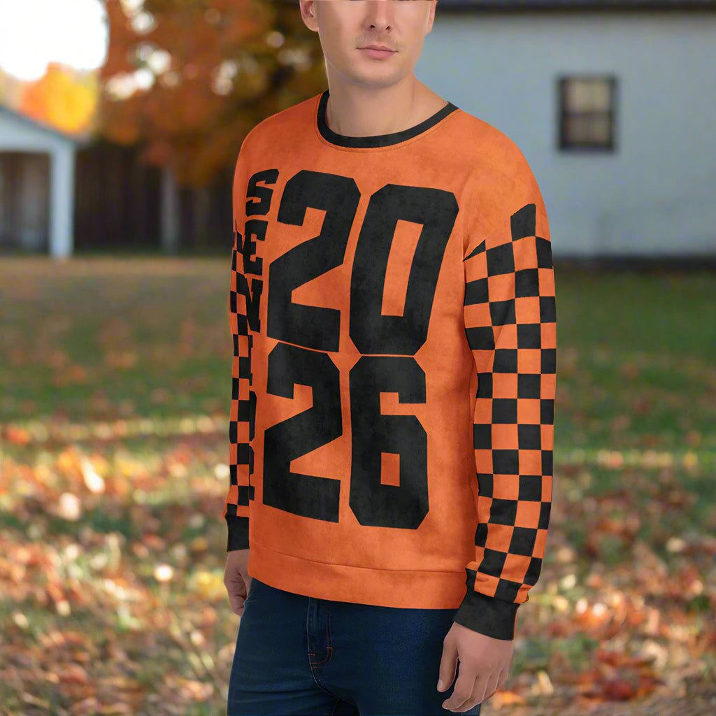 Crewneck Sweatshirt “Senior 2026” | Checkered Sleeve School - Color Varsity Crew 2XS–6XL
