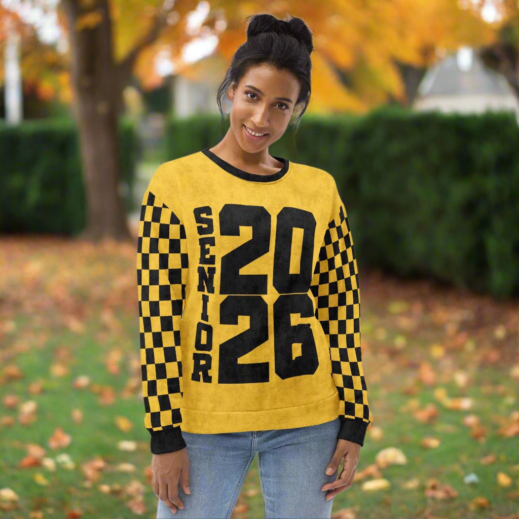 Crewneck Sweatshirt “Senior 2026” | Checkered Sleeve School - Color Varsity Crew 2XS–6XL