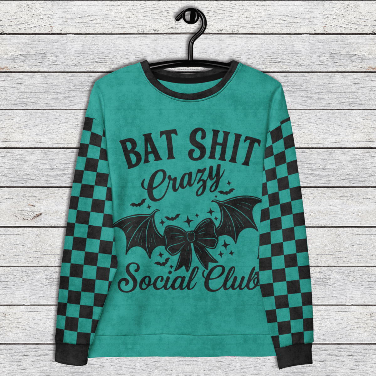 Crewneck Sweatshirt Teal Checkered Sleeves 2XS–6XL | Funny Halloween Bat Graphic | Bat Shit Crazy Social Club