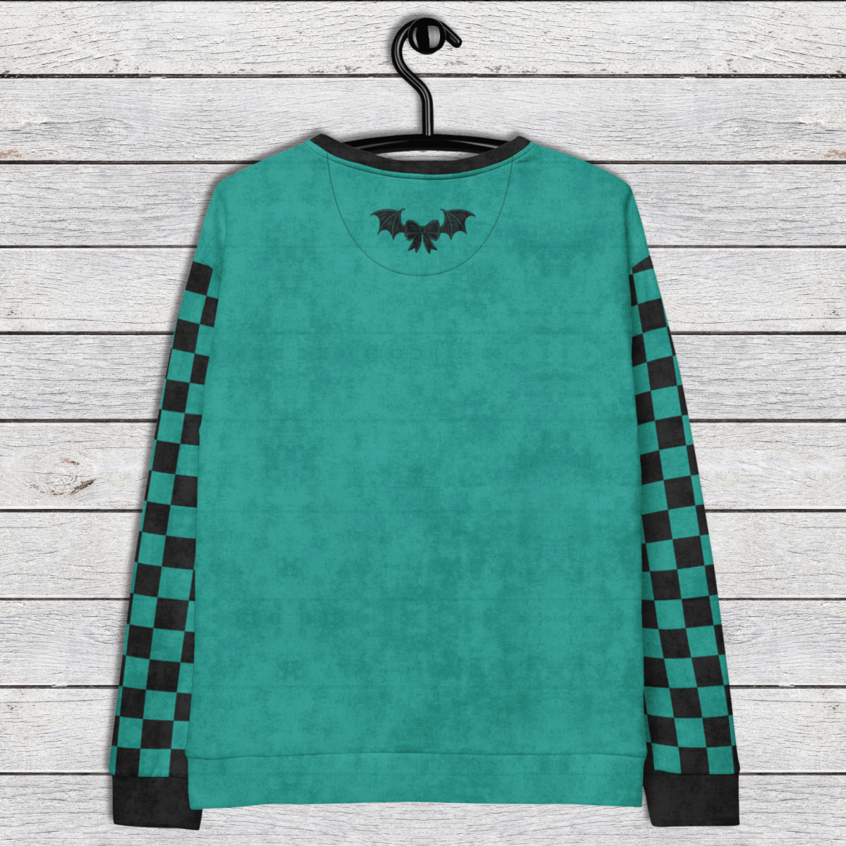 Crewneck Sweatshirt Teal Checkered Sleeves 2XS–6XL | Funny Halloween Bat Graphic | Bat Shit Crazy Social Club