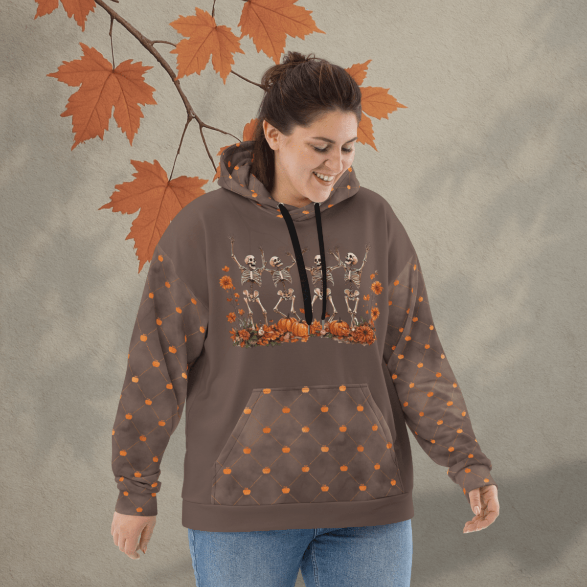 Dancing Skeletons Hoodie – Recycled Unisex Halloween Hoodie with Pumpkins & Fall Florals
