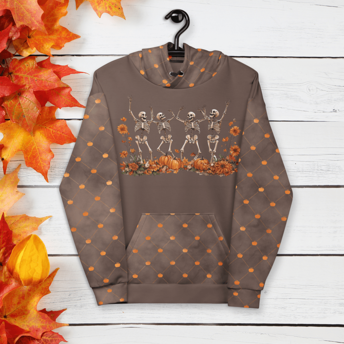 Dancing Skeletons Hoodie – Recycled Unisex Halloween Hoodie with Pumpkins & Fall Florals