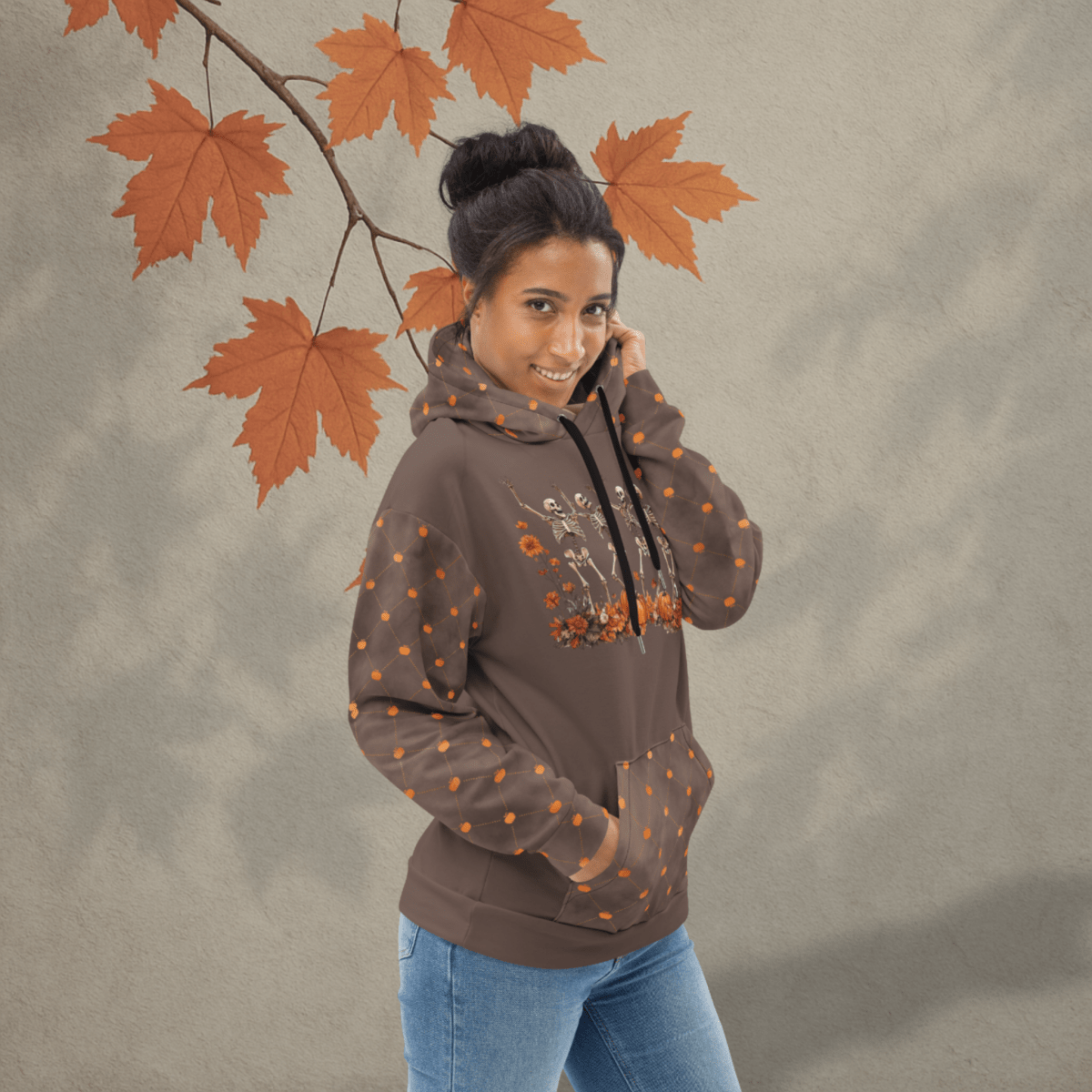 Dancing Skeletons Hoodie – Recycled Unisex Halloween Hoodie with Pumpkins & Fall Florals