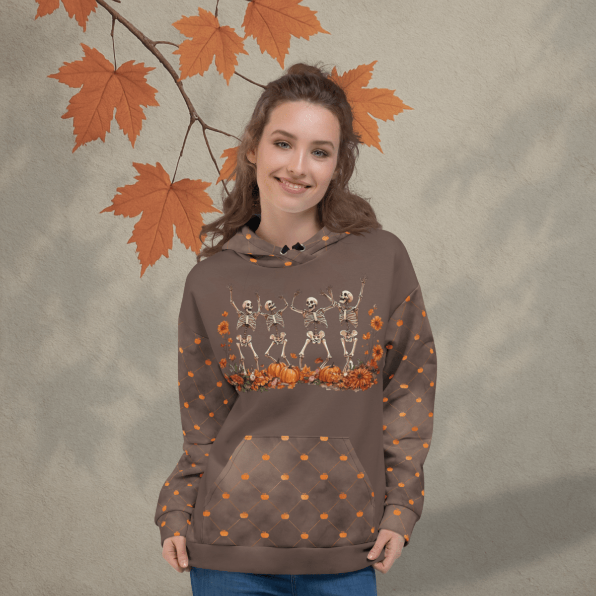Dancing Skeletons Hoodie – Recycled Unisex Halloween Hoodie with Pumpkins & Fall Florals