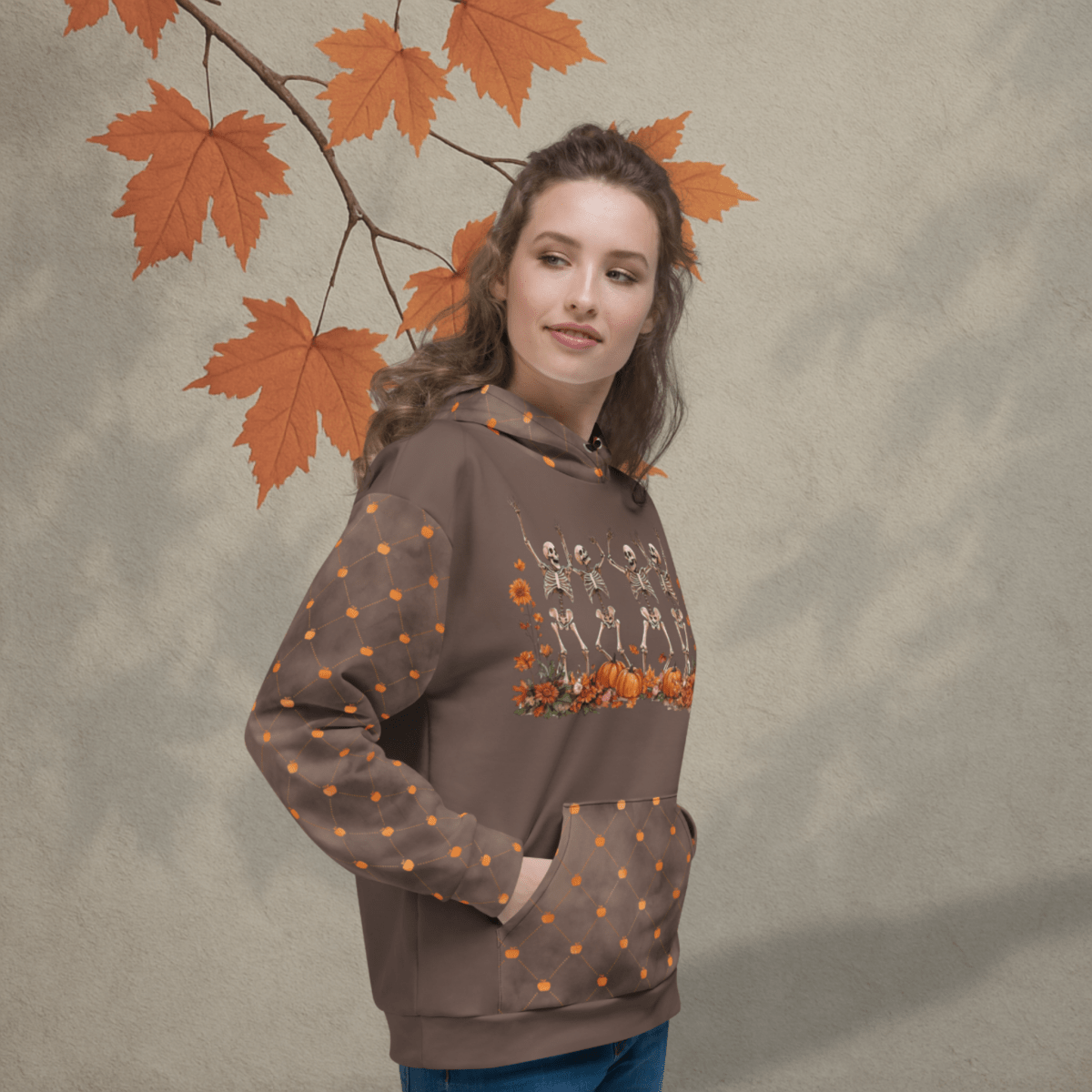 Dancing Skeletons Hoodie – Recycled Unisex Halloween Hoodie with Pumpkins & Fall Florals
