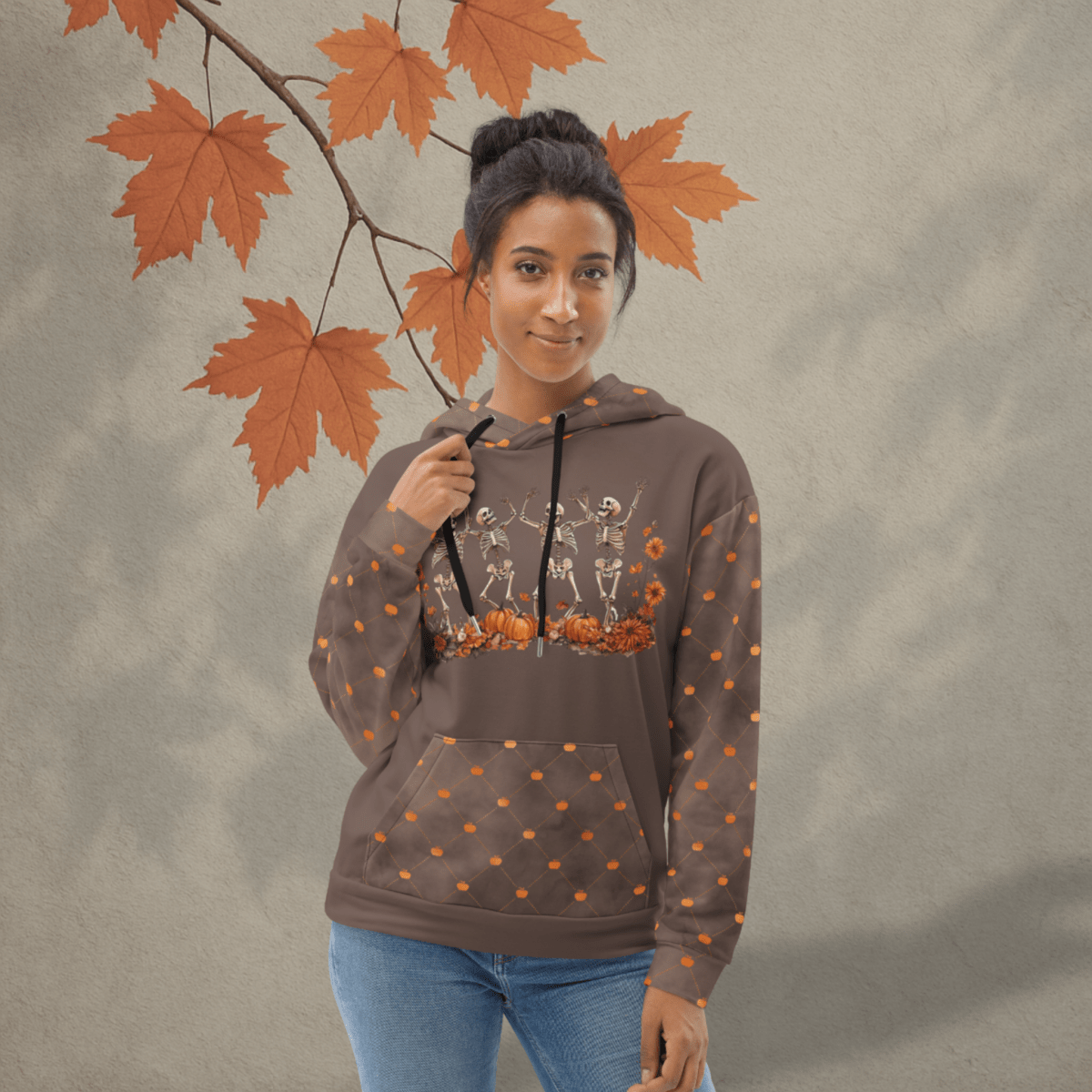 Dancing Skeletons Hoodie – Recycled Unisex Halloween Hoodie with Pumpkins & Fall Florals