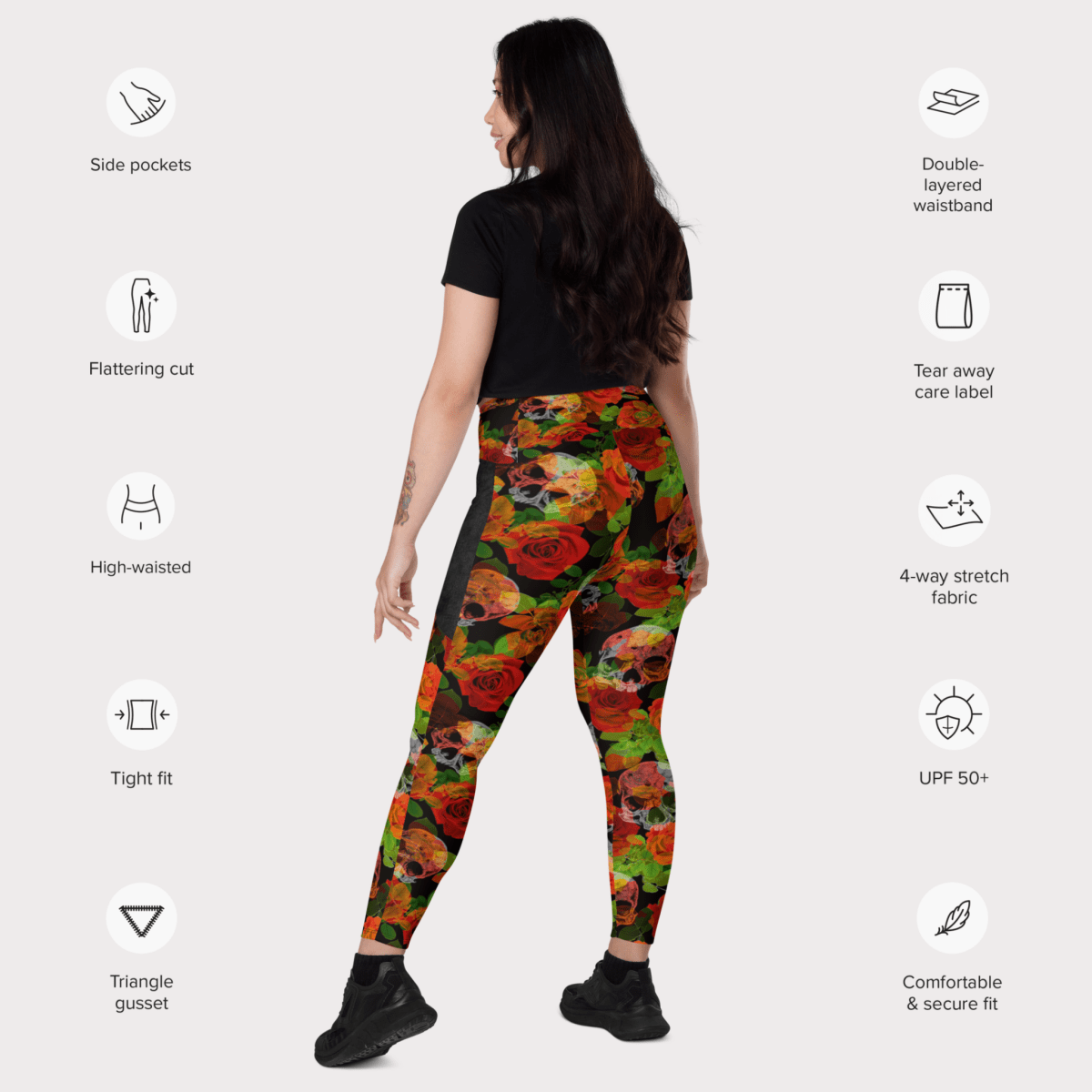 Woman wearing colorful floral skull leggings with feature icons on a white background