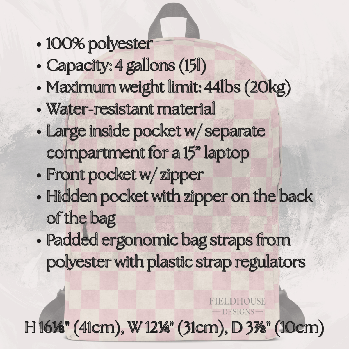 Pink checkered backpack with specifications listed on a textured gray background