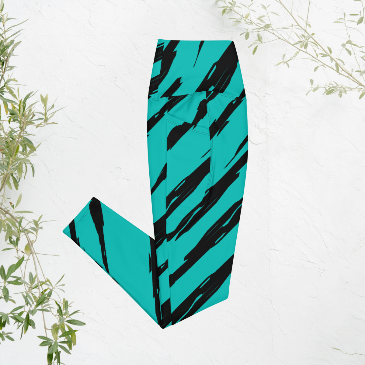 💥 Electric Teal Tiger Stripe Pocket Leggings – Wild Streaks, High - Impact Style