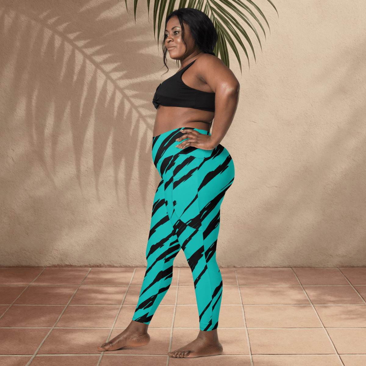 💥 Electric Teal Tiger Stripe Pocket Leggings – Wild Streaks, High - Impact Style