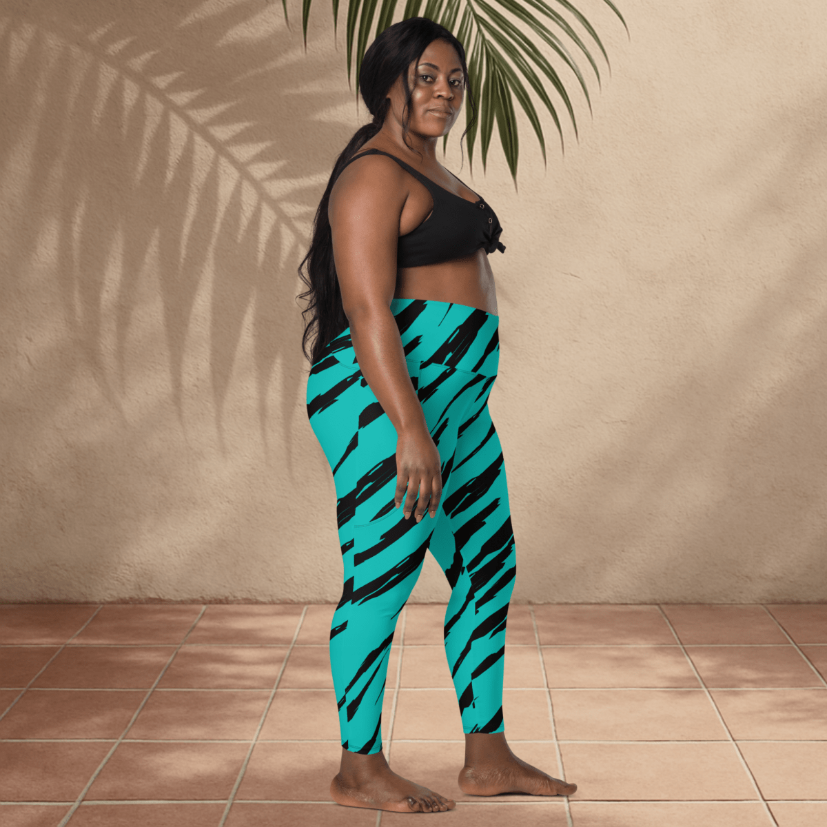 💥 Electric Teal Tiger Stripe Pocket Leggings – Wild Streaks, High - Impact Style