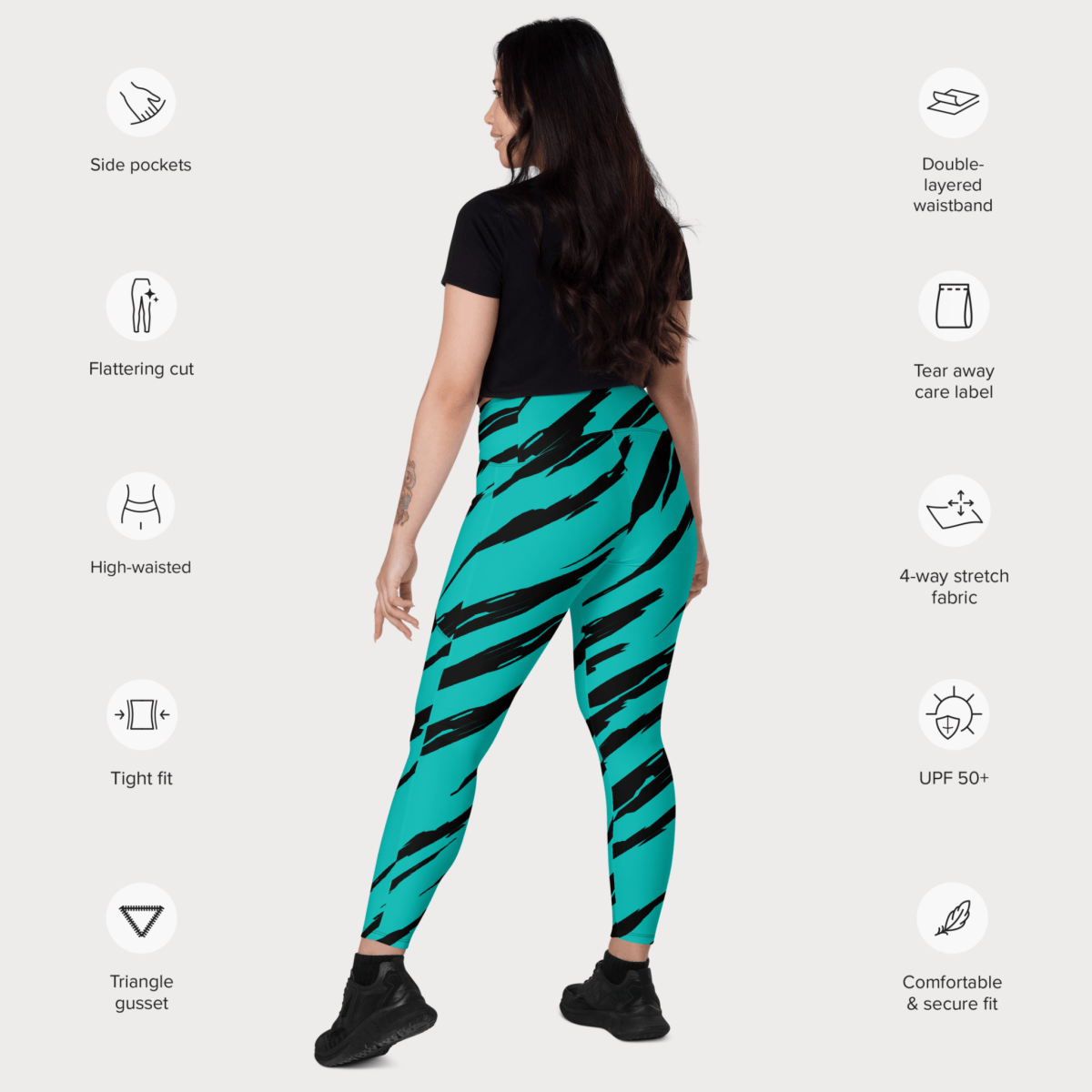 💥 Electric Teal Tiger Stripe Pocket Leggings – Wild Streaks, High - Impact Style