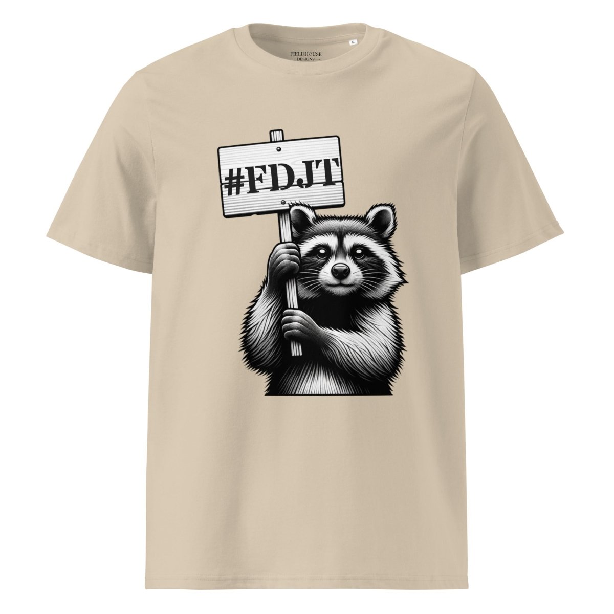 Beige t-shirt with a raccoon holding a sign '#FDJT' on a white background