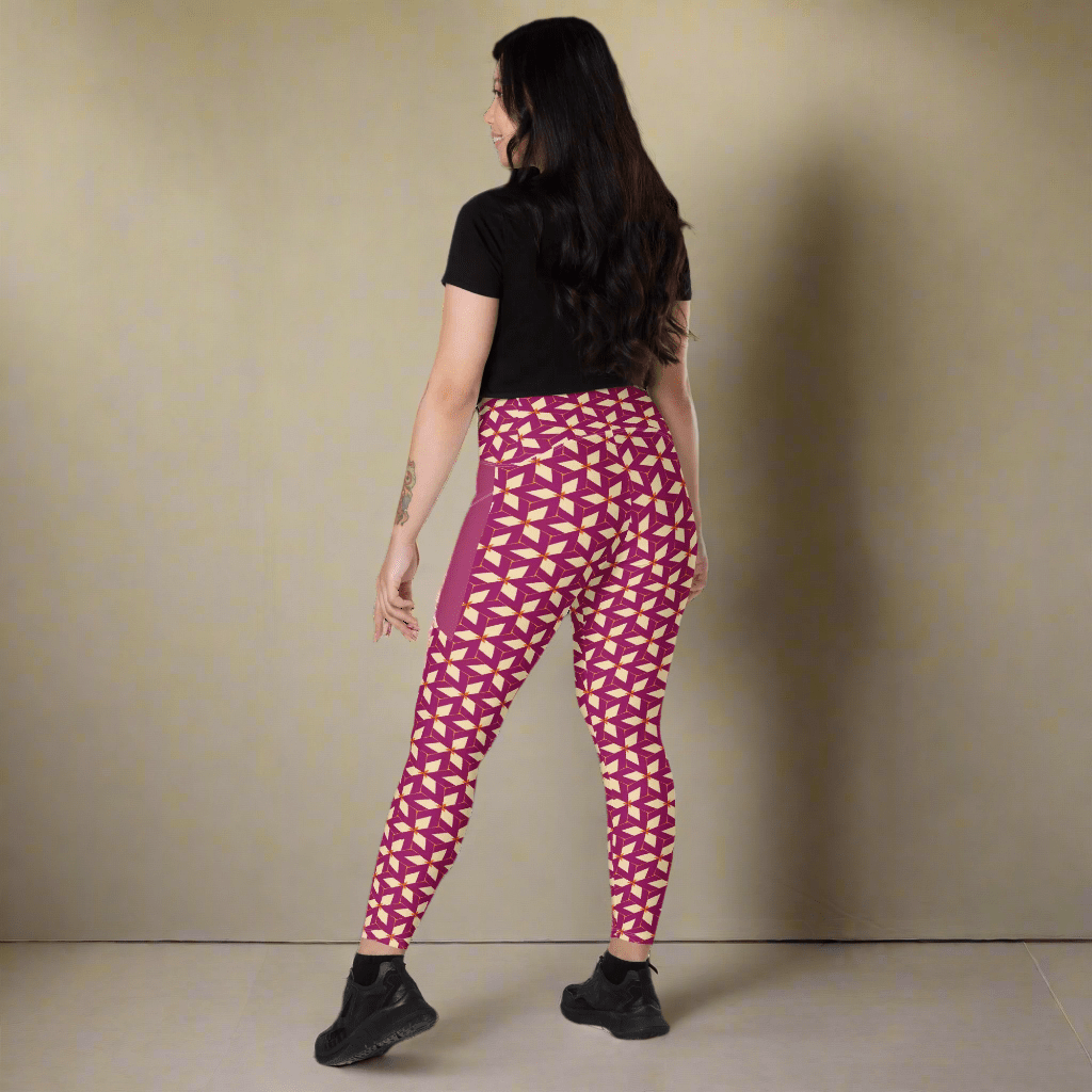 Woman wearing purple geometric patterned leggings against a beige background