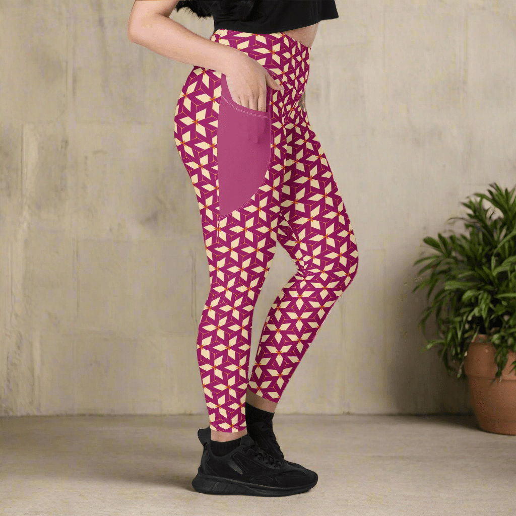 Person wearing purple and cream geometric patterned leggings on a neutral background