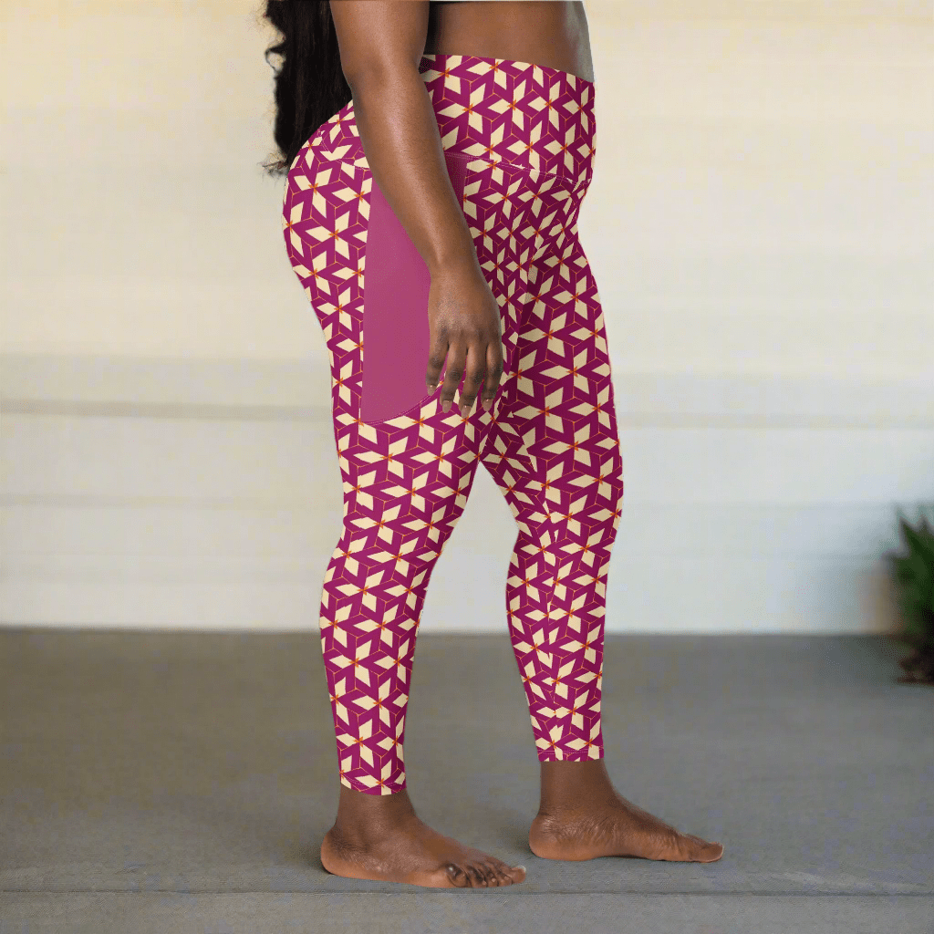 Person wearing purple leggings with geometric pattern on a neutral background