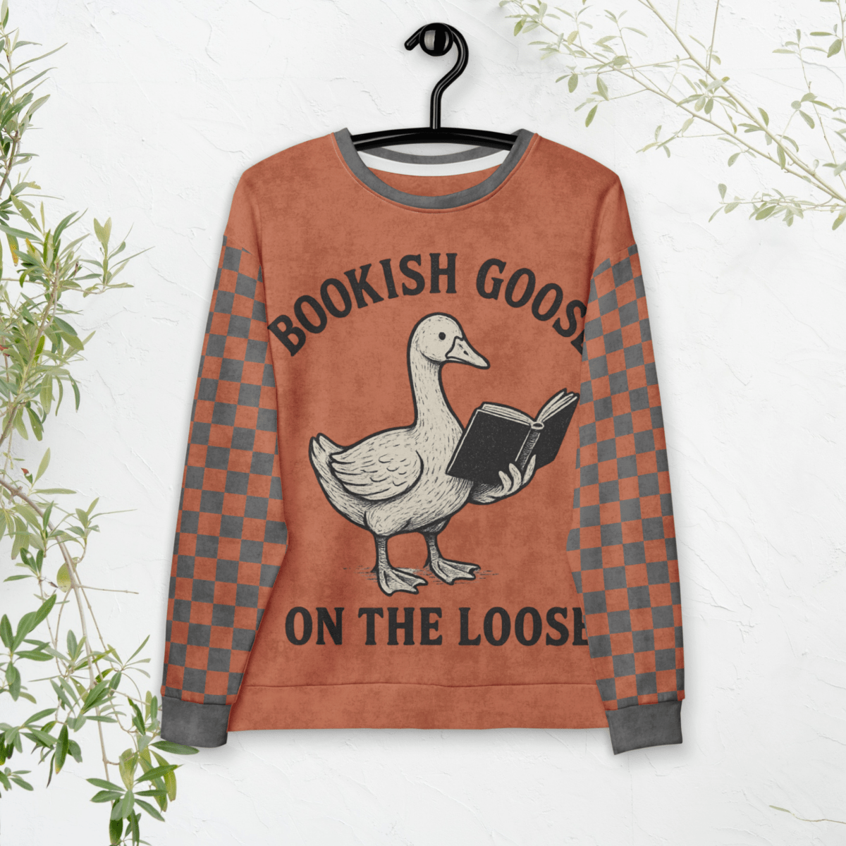 Funny Crewneck Sweatshirt Terracotta Gray Checkered Print - 2XS - 6XL - Fall Bookish Aesthetic