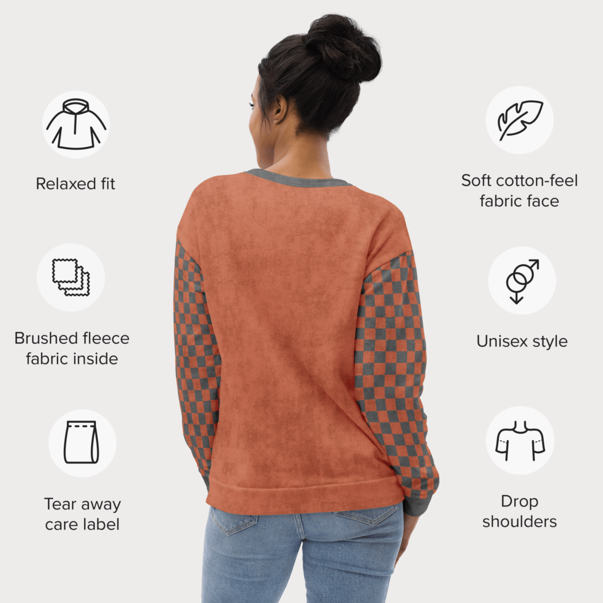 Person wearing a terracotta sweatshirt with checkered sleeves, surrounded by icons and text describing features.