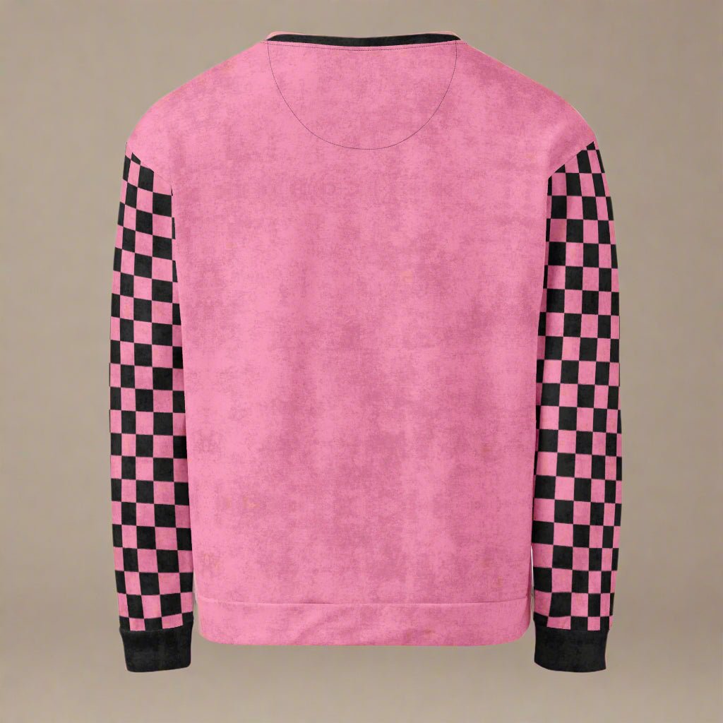 Pink sweatshirt with black and white checkered sleeves on a white background