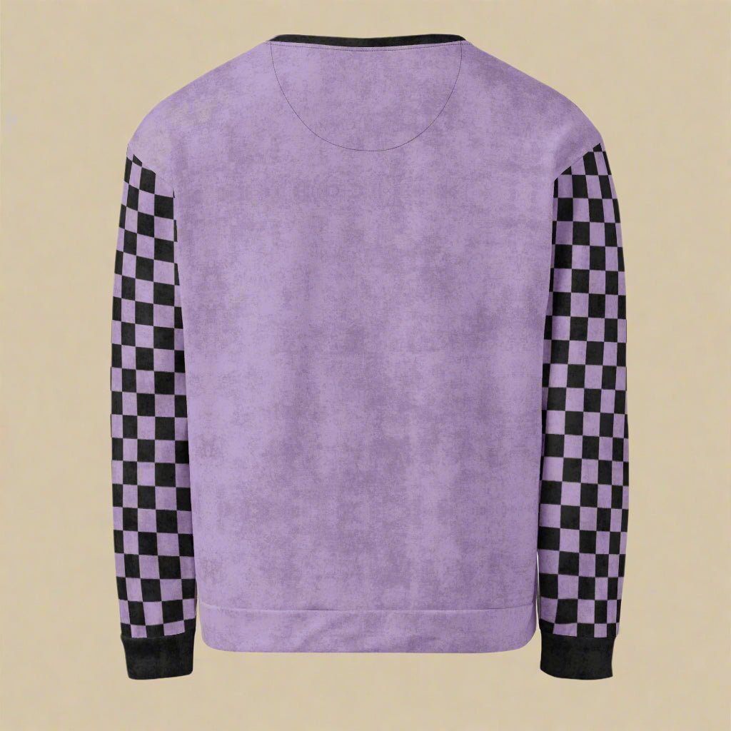 Purple sweatshirt with checkered sleeves on a neutral background