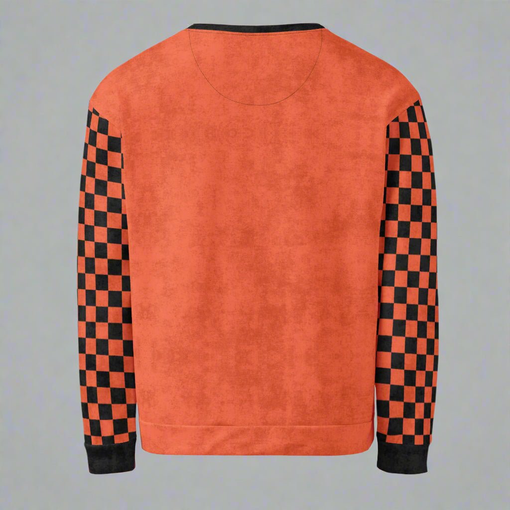 Orange sweatshirt with black and red checkered sleeves on a white background